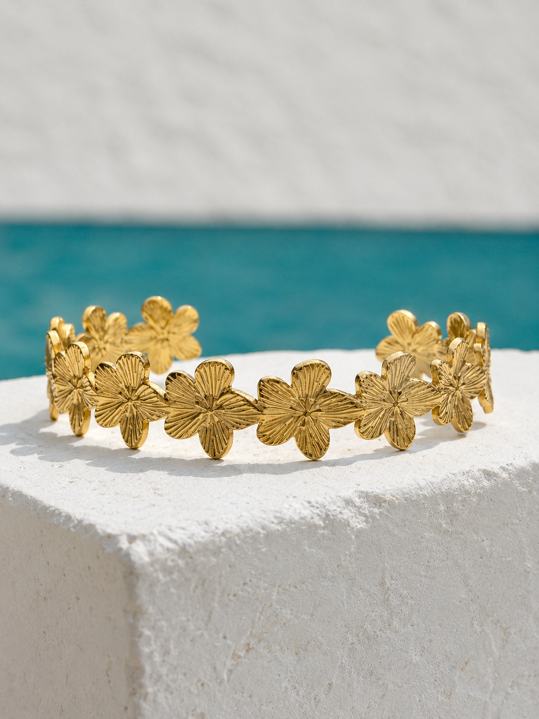Flower Cuff waterproof stainless steel bracelet by Ocean The Label, adjustable floral cuff bracelet.