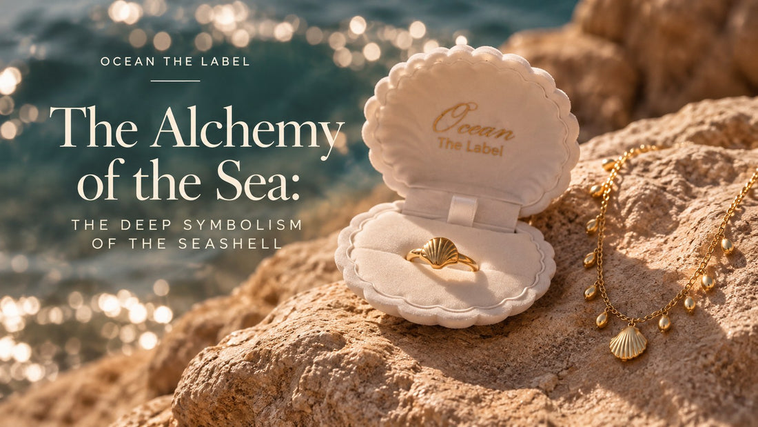 The Alchemy of the Sea: the deep symbolism of the seashell, with a gold scallop shell ring in an Ocean The Label shell box and a seashell necklace on sunlit rocks by the sea