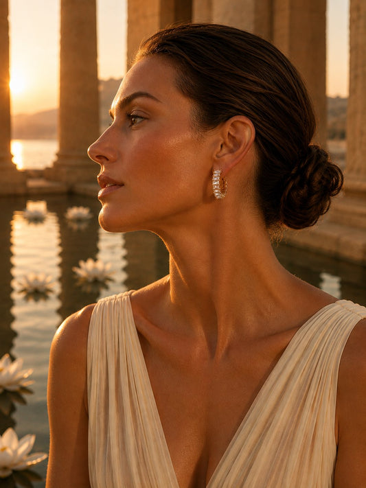 A delicate silver hoop earring, set against a warm, golden sunset background with classical columns and water lilies.
