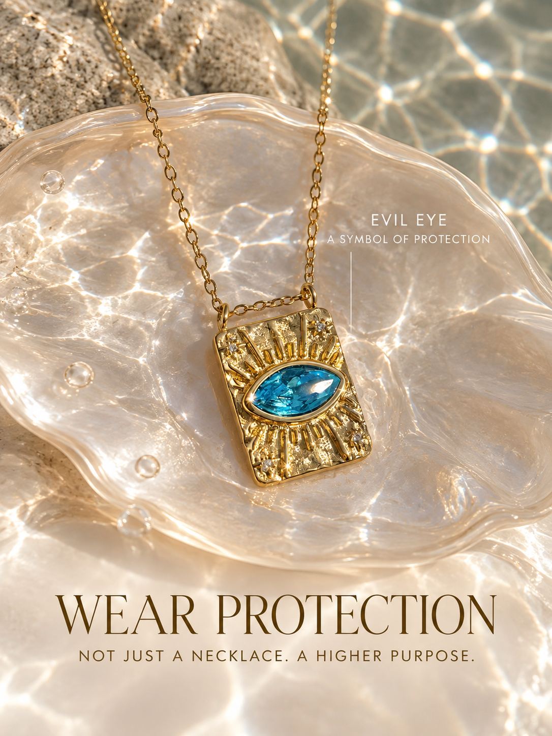 Gold Evil Eye Necklace with a blue evil eye stone on a textured sunburst pendant, styled on a glass shell in sunlit water.