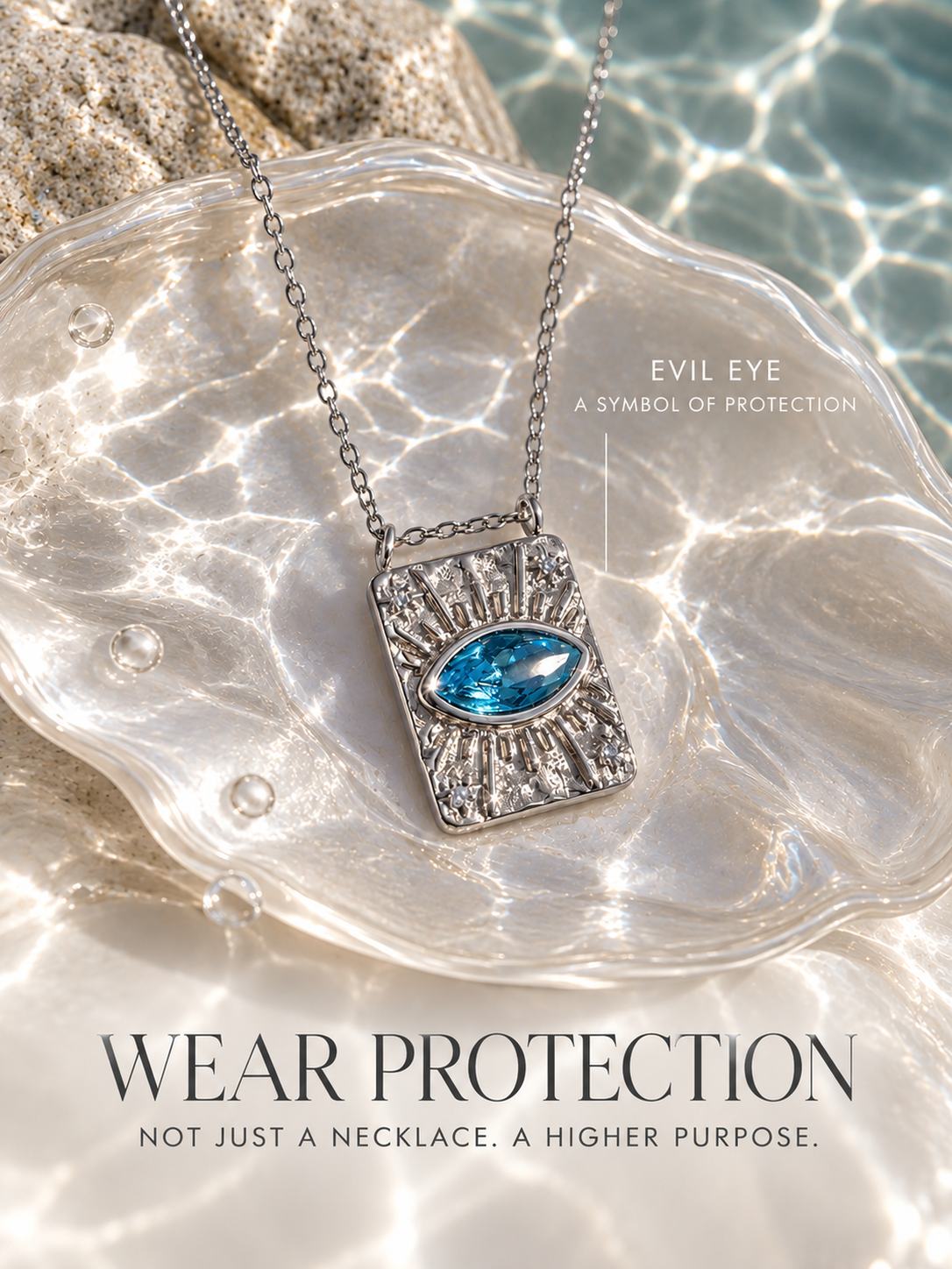 Silver Evil Eye Necklace with a blue evil eye stone on a textured sunburst pendant, styled on a glass shell in sunlit water.