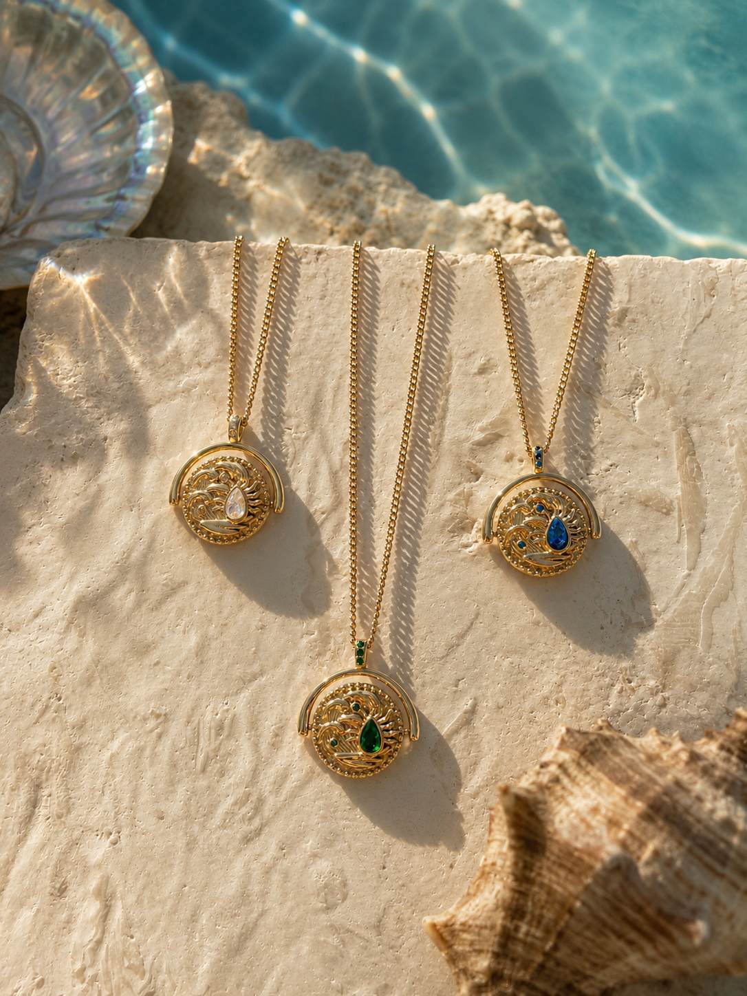 Gold necklaces with circular pendants, Gemstones with multiple colours, Green, White, turquoise waterproof jewellery 