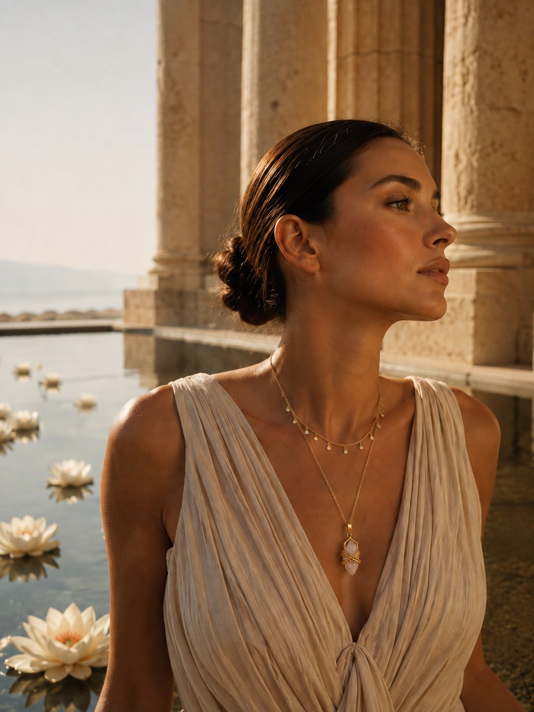 Woman wearing a protection gold quartz crystal pendant necklace beside a tranquil water garden with lotus flowers at golden hour.