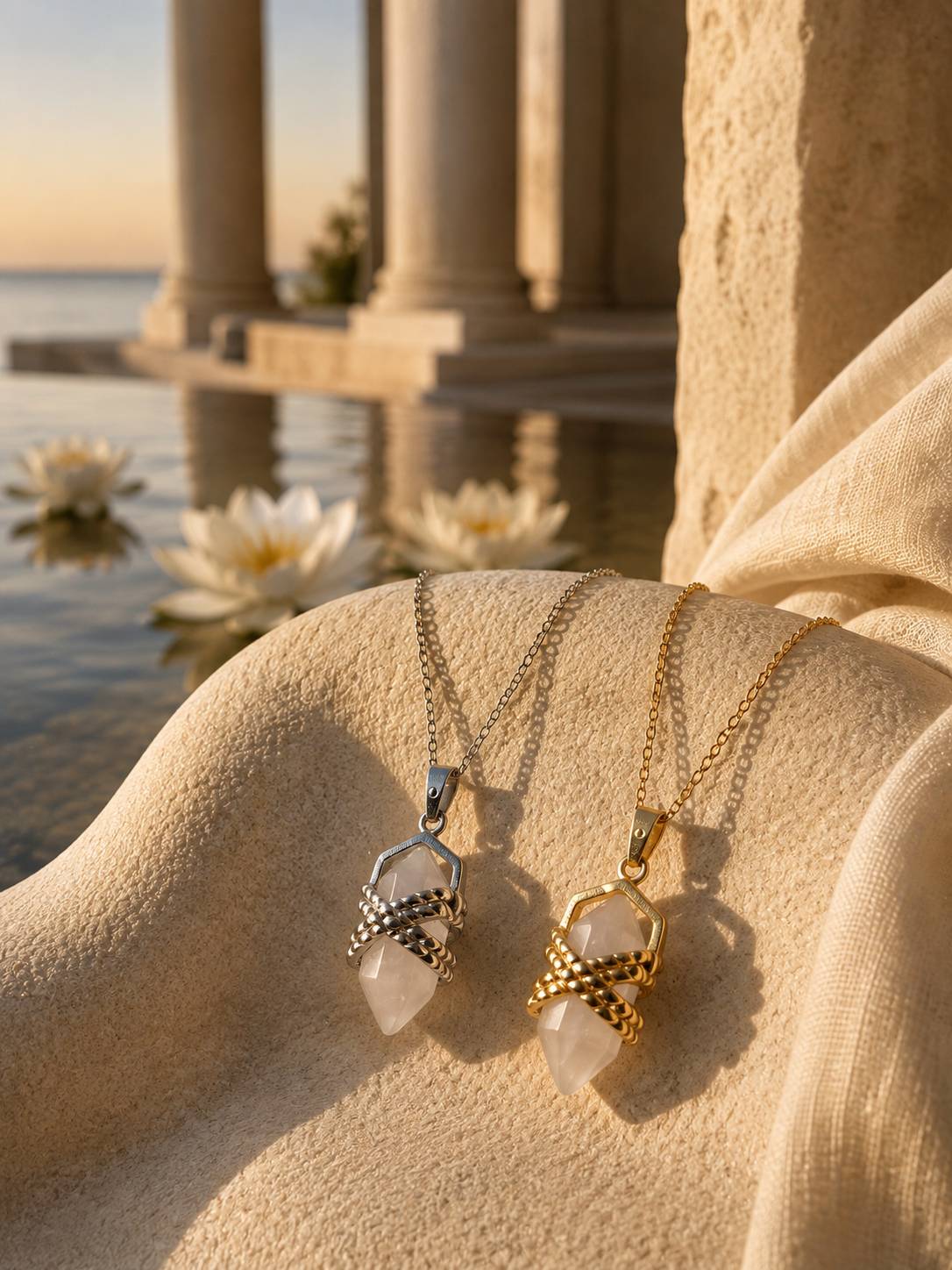 Gold and silver quartz crystal pendant necklaces displayed on textured sandstone beside still water and white lotus flowers.