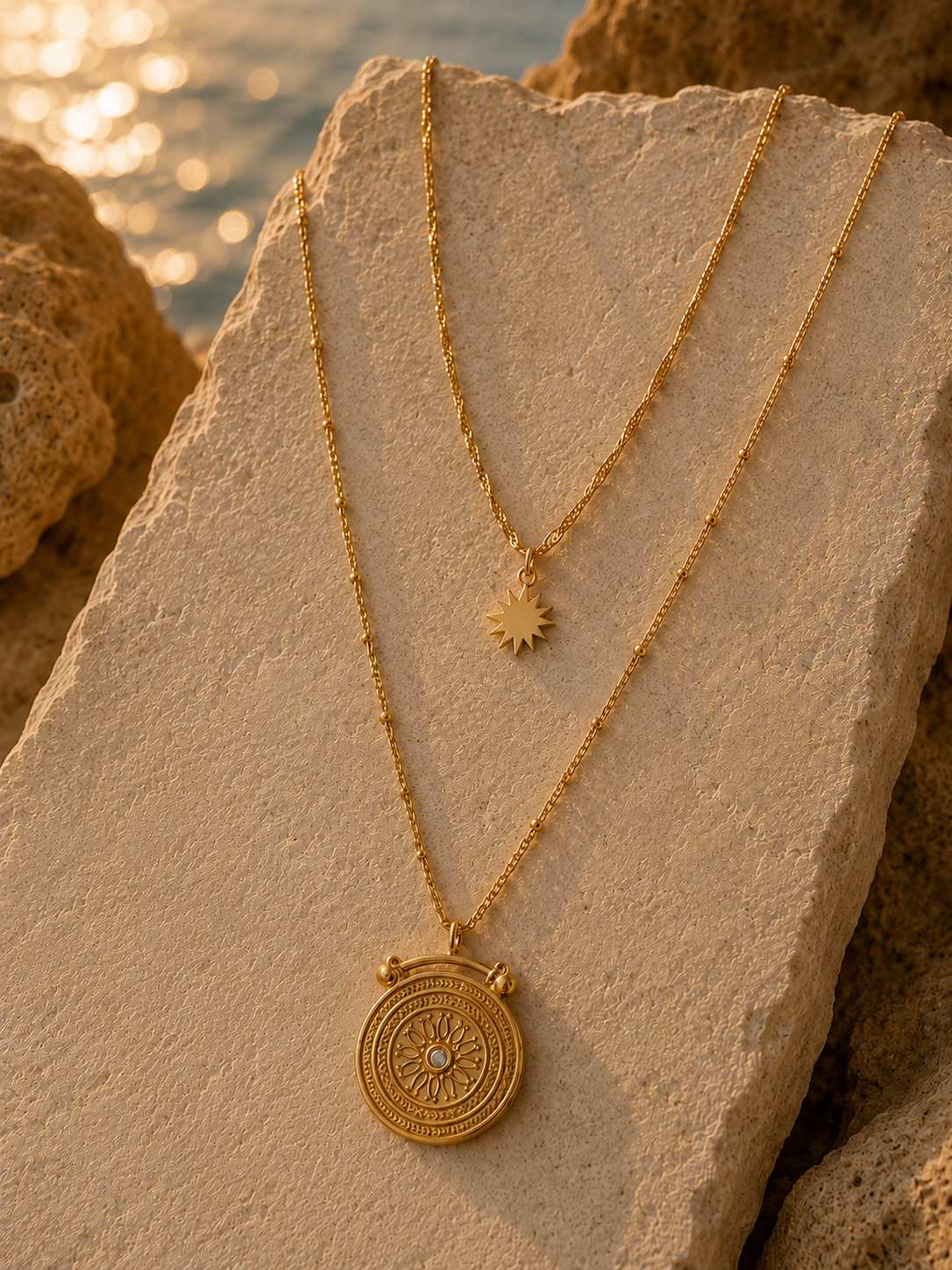 Two gold layered necklaces displayed on a beige stone outdoors near water at sunset. The shorter necklace has a small sunburst pendant, and the longer necklace has a round medallion pendant with an engraved sun design and a small clear stone center.