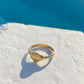 A shell gold ring waterproof featuring a detailed seashell on the front, resting on a textured white stone surface with a bright blue ocean background.