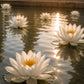 White water lilies floating on calm reflective water at sunset, with golden light reflecting off the surface and blurred lilies in the background.