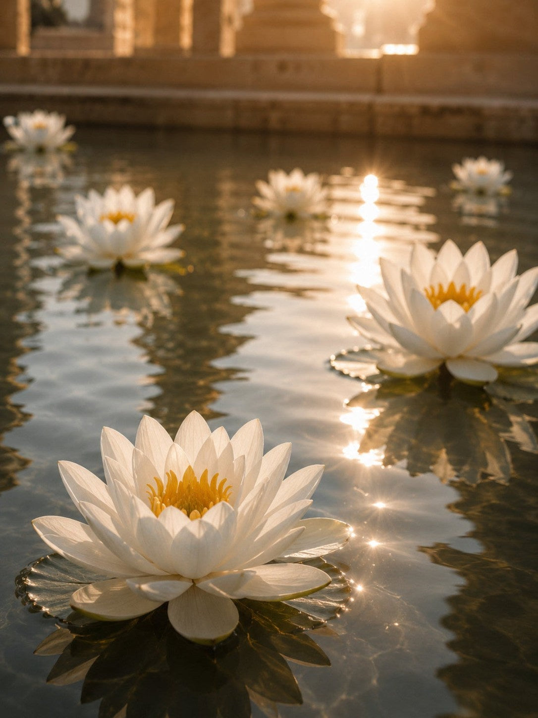 White water lilies floating on calm reflective water at sunset, with golden light reflecting off the surface and blurred lilies in the background.
