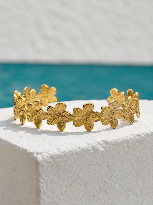 Flower Cuff waterproof stainless steel bracelet by Ocean The Label, adjustable floral cuff bracelet.