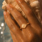 A close-up of a hand with wet skin wearing a delicate gold ring featuring a conch shell, holding a large seashell against a blurred water background.